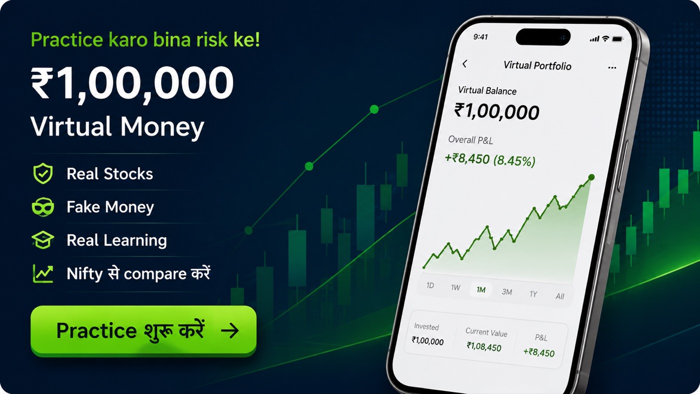 ₹1,00,000 वर्चुअल पैसों से बिना जोखिम प्रैक्टिस करें